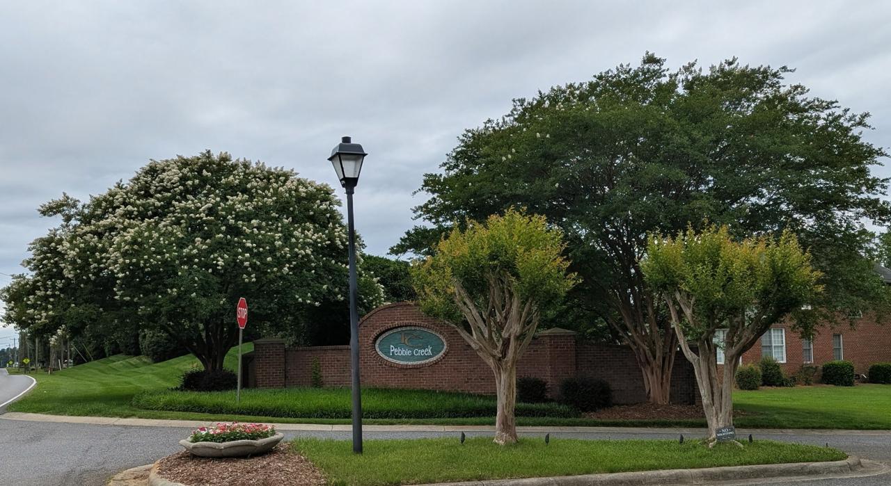 Pebble Creek entrance with lamp post and planter